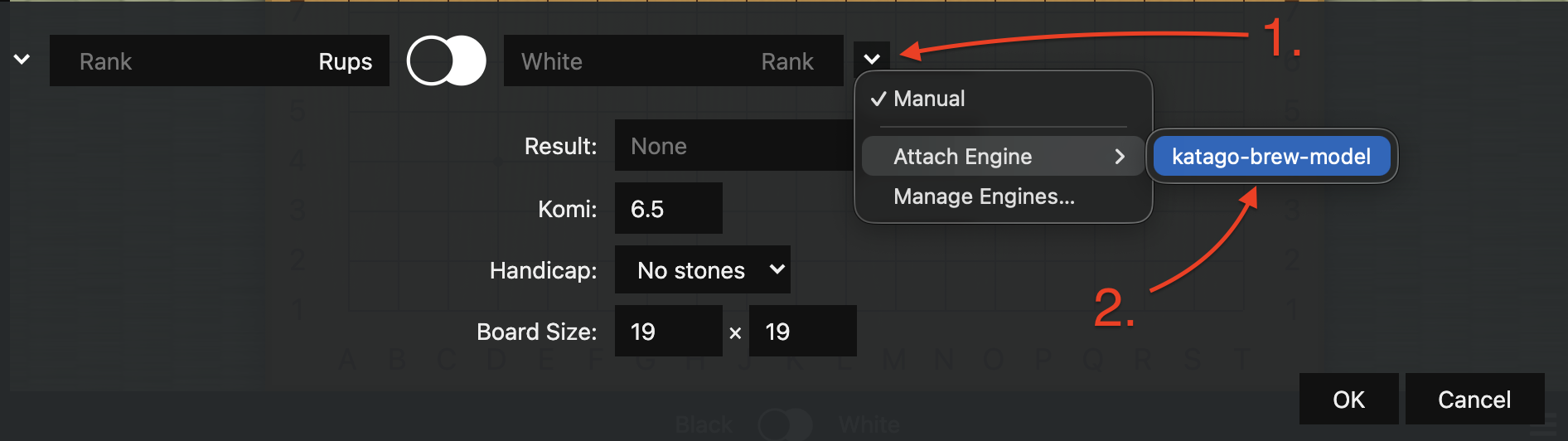 Starting a game with the engine in Sabaki